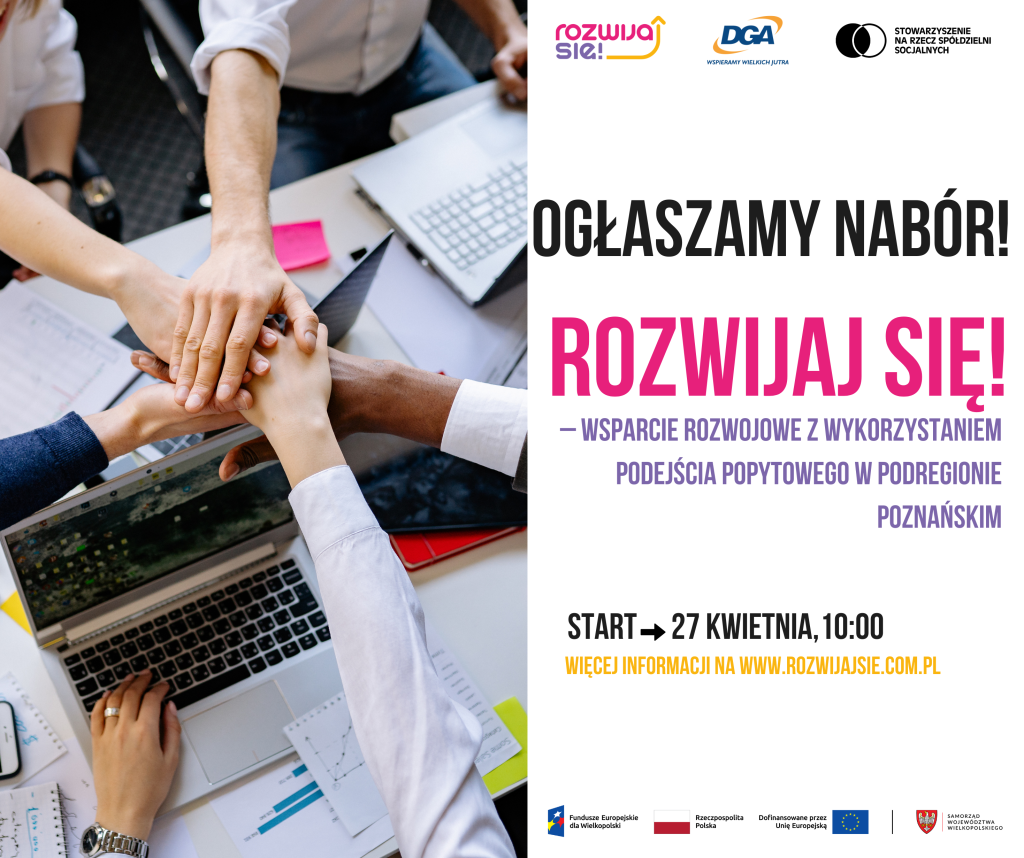Grafika dekoracyjna z informacją o naborze do projektu „Rozwijaj się!” wspierającego rozwój w podregionie poznańskim, start 27 kwietnia, szczegóły na stronie rozwijajsie.com.pl