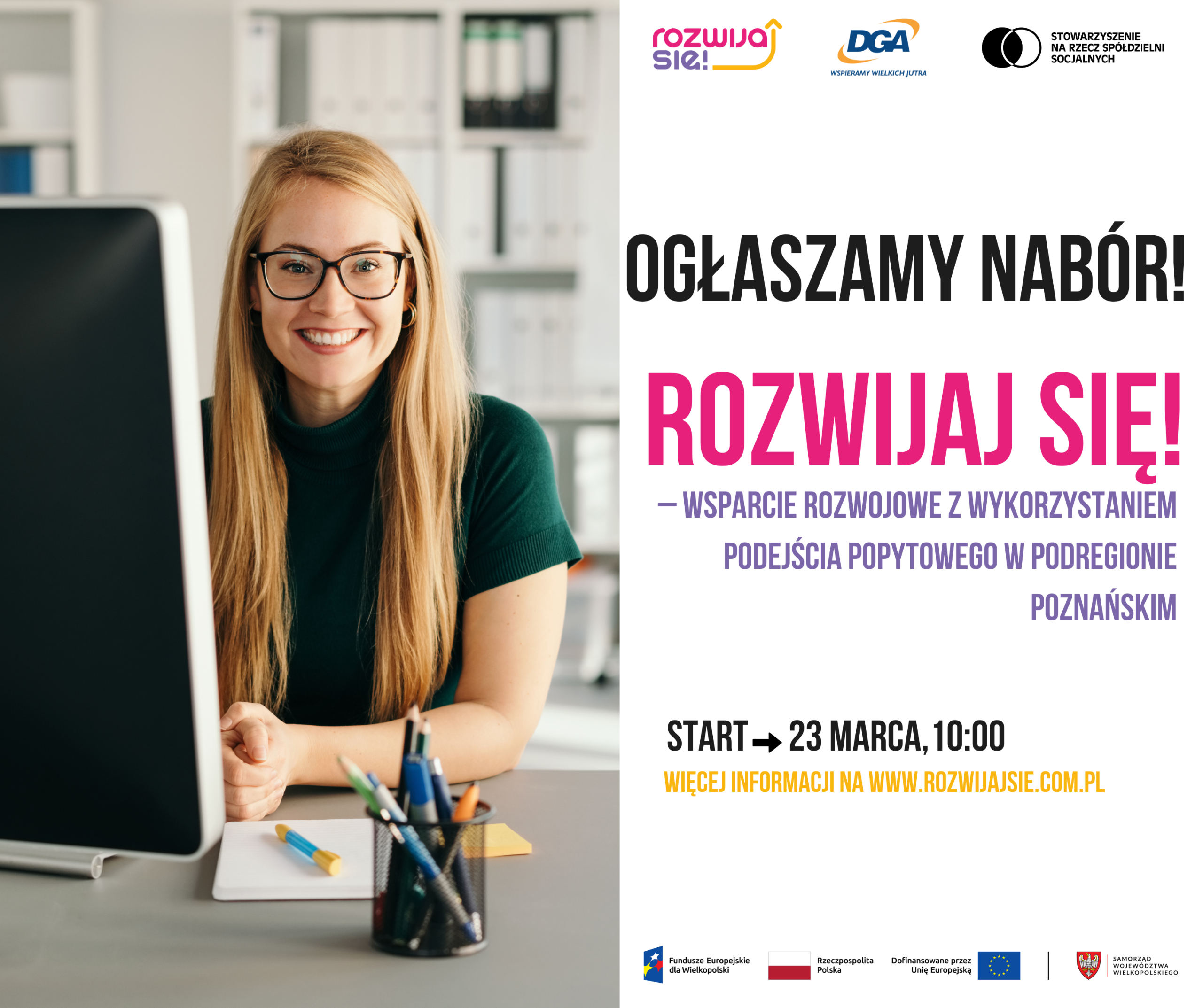 Grafika dekoracyjna z informacją o naborze do projektu „Rozwijaj się!” wspierającego rozwój w podregionie poznańskim, start 23 marca, szczegóły na stronie rozwijajsie.com.pl